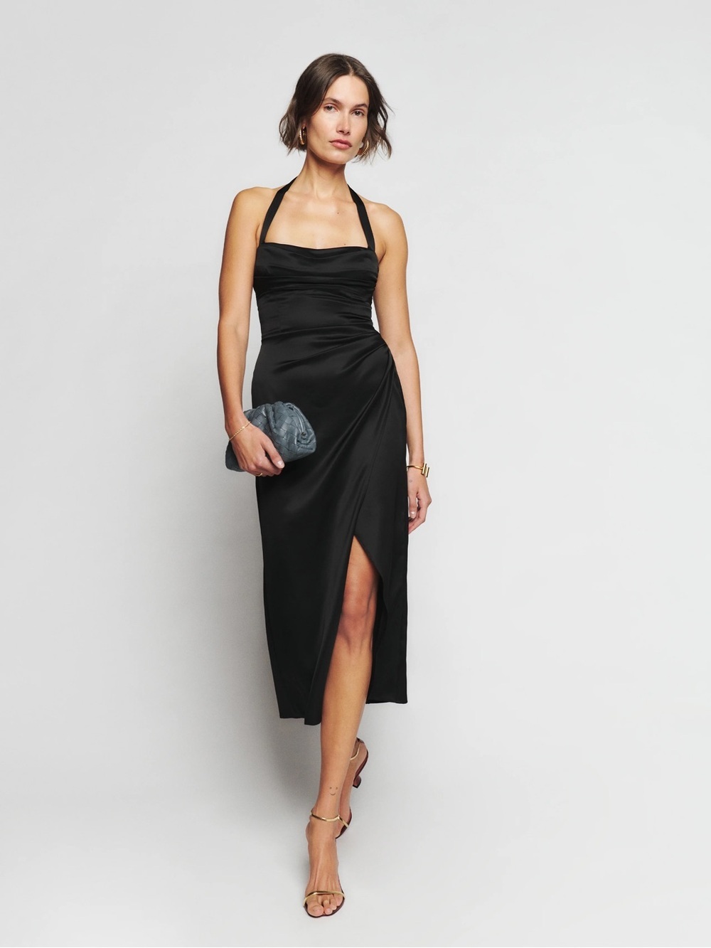 Reformation Solana Black Halter Midi Dress with Front Slit Size 8